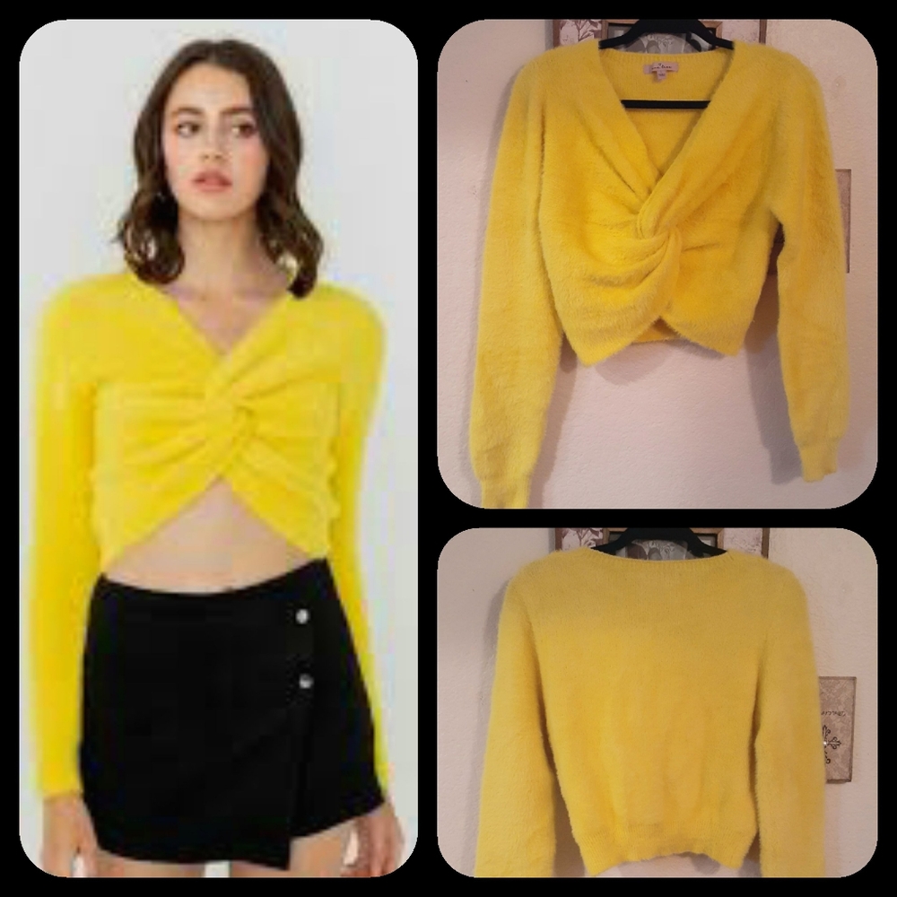 🌻 Twist Front Fuzzy Yellow Cropped Sweater  NEW! - Picture 5 of 5